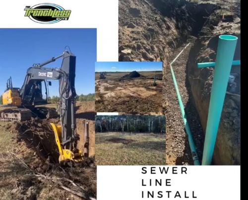 Collage of sewer line installation, with equipment