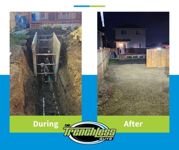 The Trenchless Guys before and after at a residential sewer repair in Central Alberta